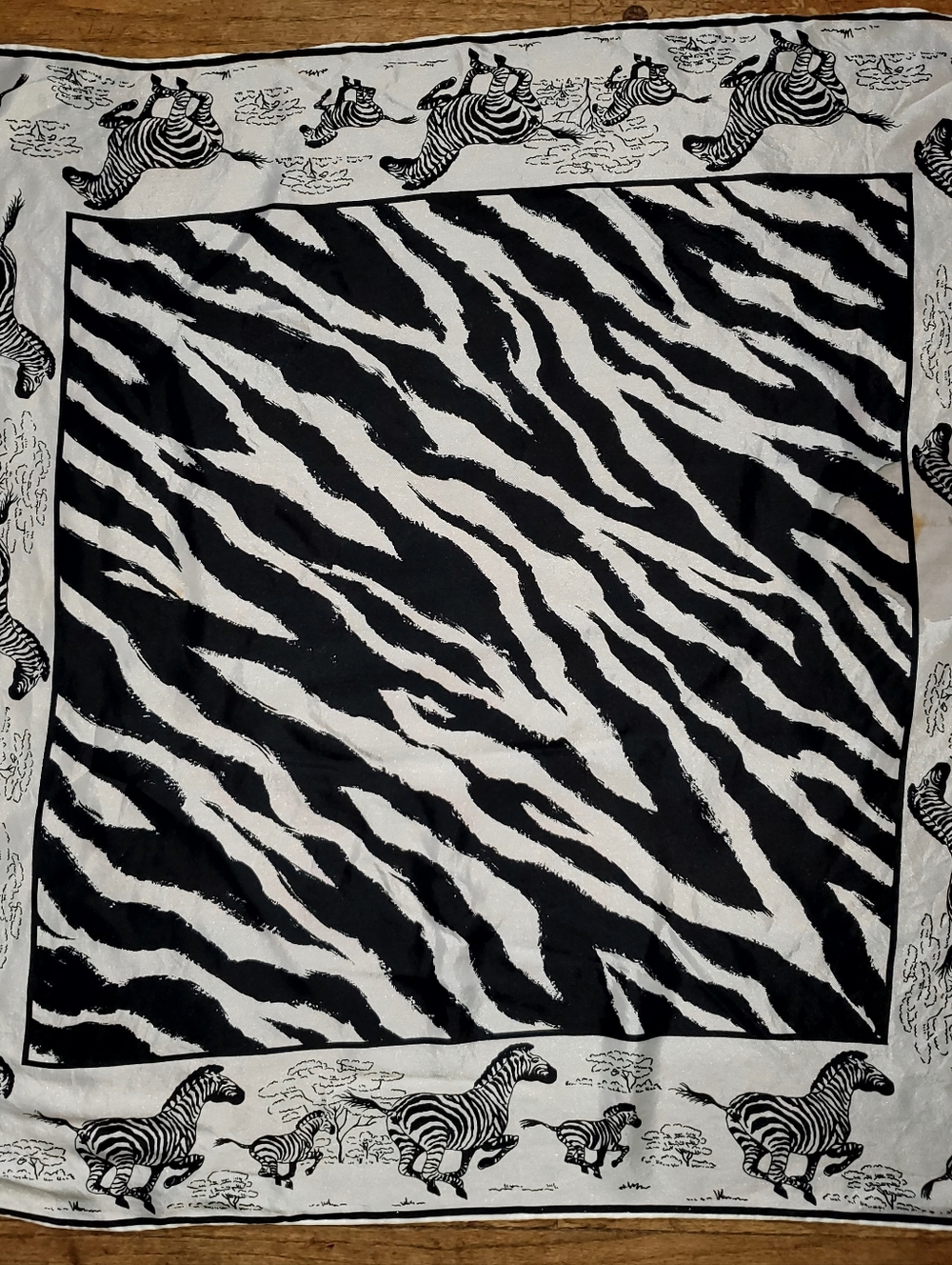 BURMEL 100% Silk Scarf BLACK & WHITE Zebra Vintage Designer Logo 22" SQUARE